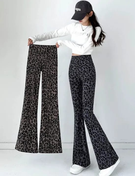 “Grey Animal Print Flared Leggings High Waisted”